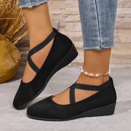 Women's Loafers with Cross-Strap Wedge Heel and Roman Retro Style High-Quality Plus-Size Solid-Color Casual Shoes for Comfort
