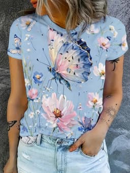 2026 New Summer Women's Round Neck 3D Printed T-Shirt Butterfly Graphics Fashion Short Sleeve Top Streetwear Tees Women Clothing
