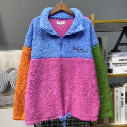 Warmth Thick Long Plush Women's Sleepwear Half Zipper Embroidered Coral Fleece Patchwork Home Clothes Polyester Fiber Long Sl...