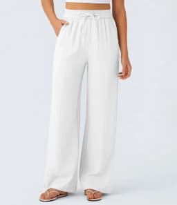Pant women 2026 casual high-waisted drawstring side pocket casual linen pants flowing wide-leg beach pants elastic tightness