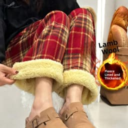 Afashion Lamb Velvet Fleece Lined Thick Plaid Casual Pants Women's Autumn Winter Loose Straight Leg Wide Leg Cotton Sleepwear Tr