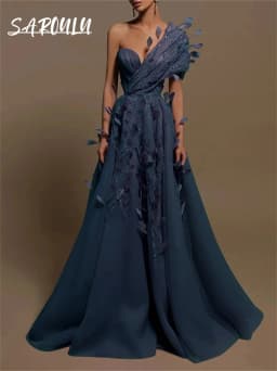 A Line Tulle Evening Dress One Shoulder With 3D Appliques Sequined Women Prom Dresses Wedding Party Gown Birthday New Year Robe