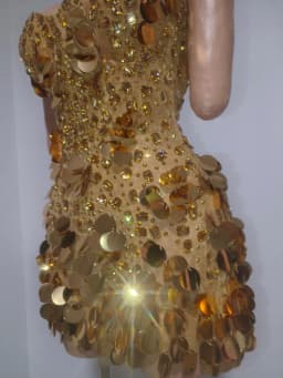 Sparkly Gold Rhinestone Sequins Sexy Strapless Mesh See Through Mini Dress Women Eveing Birthday Party Nightclub Stage Costume