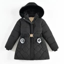 2024 New Winter Keep Warm Girls Jacket Waist Belt Design Detachable Hat Lining Plush Hooded Heavy Coat For Kids