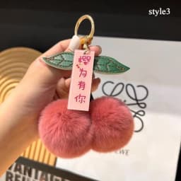 New Fluffy Rabbit Fur Cherry Keychain Ball Pompom Key Chain Handbag Car Key Chain Ring Gift Women‘s Bag Charm Backpack Accessory