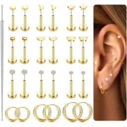 12 Pairs 316L Surgical Steel Flat Back Studs Hoop Earrings for Women Men CZ Stud Earrings Nose Stud Helix Piercing Jewelry