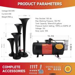 FARBIN 4 Trumpet Horns 150DB Train Horn Kit for Truck Air horns with 150 PSI 12V Blue Black Air Compressor Air Tank Can 0.8 Gal