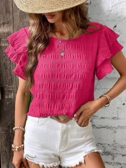Top Women Solid Color Blouses O-Neck T-shirts Casual Fashion Ruffle Sleeves Vintage Female Shirts Grace Summer Streetwear