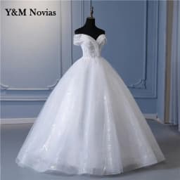 Y&m Novias Glitter vory Wedding Dresses Lace Beaded Ball Gown Cheap Off The Shoulder Short Sleeve Bridal Customized Plus Size