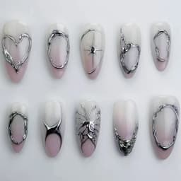 24Pcs 3D Green Ripple Design False Nails Cat's Eye French Almond Fake Nail Tips Leaves Pattern Removable Oval Press on Nails