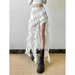 White Sweet Design Lace Patchwork Ruffle High Waisted Y2k Skirt Women Summer Irregular Skirt Long Skirts Harajuku Goth Clothes
