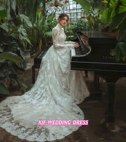 Customized High Collar Long Sleeve A-Line Lace Vintage Wedding Dress Vestidos De Novia