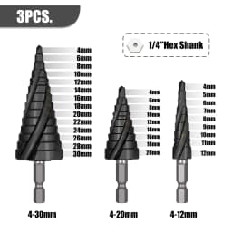 M35 Cobalt 4-Flute Step Drill Bit 1/4 in Metric Tapered Hex Shank for Stainless Steel Sheet Metal Wood Aluminum and Other Metals