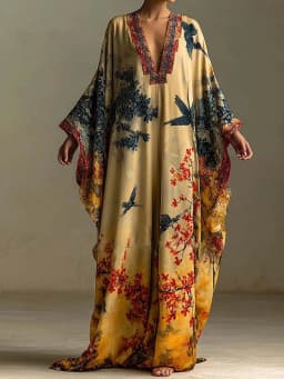Women Spring Autumn V Neck Chic Maxi Dress, Holiday Fashion Elegant Long Sleeve Party Dress, 2026 Printed Patchwork Ladies Dress