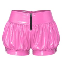 Womens Patent Leather Bubble Boxer Shorts Zipper Front Ruched Hot Pants for Rave Party Club Music Festival Stage Performance