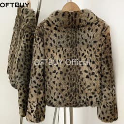 OFTBUY Peter Pan Collar Short Winter Natural Rabbit Fur Jacket Women Leopard Print Real Rabbit Fur Coat New Clothes Warm Female