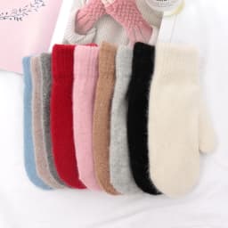 Women Winter Keep Warm Plus Cashmere Solid Color Woolen Elasticity Soft Full Fingers Mittens Girls Black Fur Knitted Cute Gloves