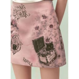 ELFSACK Women's Pink A-Line Mini Skirt, Gothic Cat & Floral Print, High Waist Fit, Ideal for Street Style, Party & Casual Wear