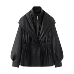 New Fall Winter High Street Warm Brown Zipper Pu Leather Jacket Women Casual Lapel Elastic Waist Cinching Coat Outwear Clothes