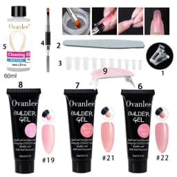 Ovanlee 18-Piece All-in-One Nail Builder Gel Kit – 12 Colors 15ml Polygel with Mini UV/LED Lamp, Cleaning Fluid, Nail Tips & Tools – Form-Free DIY Manicure Extension & Strengthening Set