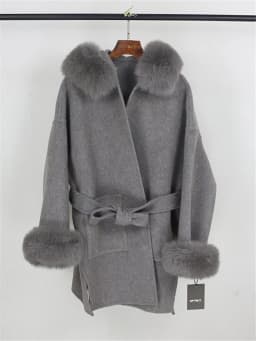 OFTBUY New Oversize Loose Cashmere Wool Blends Real Fur Coat Winter Jacket Women Natural Fox Fur Collar Hood Outerwear Belt