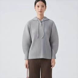 Miyake Women Pleated Hooded Top Drawstring Long Sleeve Loose Solid Color Vertical Pleat Blouse