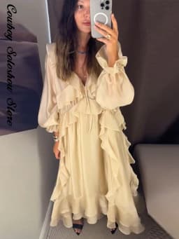 Elegant Ruffle Women's Dress Solid V Neck Full Lantern Sleeve Loose Long Casual Dresses New Street Beach Vacation Robe 2026