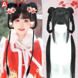 Synthetic Ancient Hanfu Wig One-Piece Full Head Set Design Wig Heat-Resistant Cosplay Party Dress Up Wig With Braids for Women