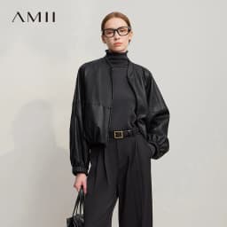AMII Women's Leather Jacket 2026 Winter New Solid Loose Short Leather Jacket Versatile PU Long Sleeve Women's Clothing 12554046