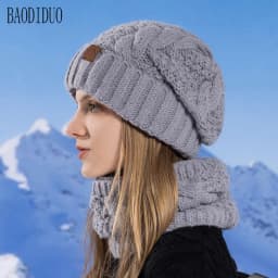 Women's Winter Hat and Neck Warmer Set, Warm Knit Hat with Ear Protection, Hooded Yarn Cap