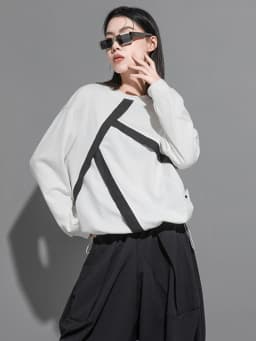 [EAM] Black Ribbon Color-block Sweatshirt New Round Neck Long Sleeve Women Big Size Fashion Tide Spring Autumn 2026 1DH0579