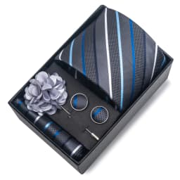 2025 New Design Brand 8 cm Blue Striped Tie Handkerchief Cufflink Brooch Set Man Gift Box Wedding Gift Fit Formal Party