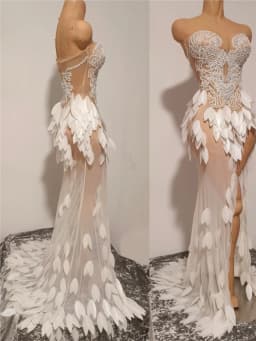 New Arrival Women Sexy Strapless Sequined Leaves Mesh Bodycon Mermaid Dress Beading Elegant Evening Wedding Party Outfit
