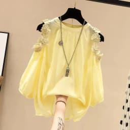 Orange Flower Three-dimensional Decoration Raglan Sleeve O-Neck Pullover Women's Blouse Shirt Female Clothing Tops Fashion 2024