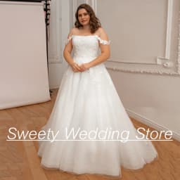 Ivory Wedding Dress Plus Size Elegant Off The Shoulder Boat Neck Applique Sweep Train A Line Glitter Tulle Woman Bridal Gown