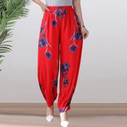 High Waist Lantern Pants Casual Cotton Silk Large Size Printed Long Trousers for Middle-Aged And Elderly Women