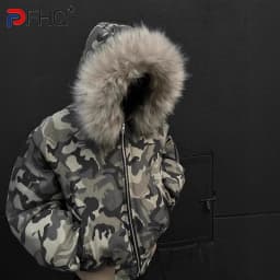 Camouflage Men Short Cotton Jacket Large Fur Collar Hooded Design Winter Thickened High Street American Style Coat Men Clothing