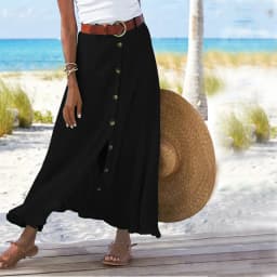 Summer Women's Skirt Cotton Linen Important Button Slit Flower Print Fashion Versatile Vacation Beach Midi Skirt
