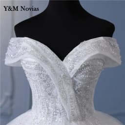 Y&m Novias Glitter vory Wedding Dresses Lace Beaded Ball Gown Cheap Off The Shoulder Short Sleeve Bridal Customized Plus Size