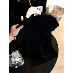 New 2026 Summer Stand-up Collar Short-sleeved Women's Knitted Cardigan Top Casual Single-breasted Solid Color Ladies T-shirt