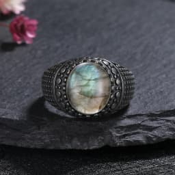 Silver Ring for Women Oval Round Natural Labradorite Ring Gift Sun Shaped Retro Luxury Fine Jewelry
