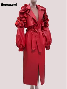 Mauroicardi Autumn Extra Long Red Soft Pu Leather Coat Women Ruffled Lantern Sleeve Back Slit Elegant Luxury Designer Clothes