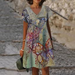 3D Peacock Floral Print Dresses For Summer 2022 New Women Fashion Short Sleeve V-Neck Loose Dress Vintage Oversized Ladies Dress