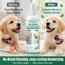 No-Brush Pet Dental Spray for Fresh Breath, Alcohol-Free Plant-Based Formula, Safe Daily Oral Care.