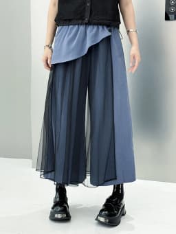 EAM High Elastic Waist Blue Irregular Mesh Spliced Wide Leg Pants New Trousers Women Fashion Tide Autumn 2026 1DJ1338