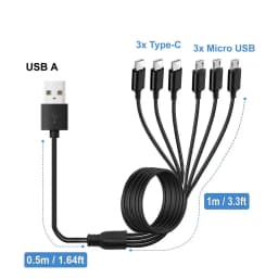 6 In 1 Micro USB/Type C Splitter Cable 3 in 1 USB to Micro USB/Type C Charing Cable For iPhone15 Android Samsung Tablet and More