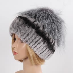 Women's Winter Warm Genuine Fur Hat Scarf Set Real Rex Rabbit Fur Cap with Silver Fox Scarves 2-Piece Natural Fashion Accessory