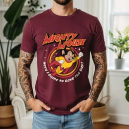 2026 Summer Mens Mighty Mouse Graphic Oversize Tee 100% Cotton Classic Cartoon Short Sleeve