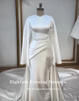 Eightale Arabic Wedding Dress V-Neck Customized White Ivory Mermaid Long Sleeves Beaded Muslim Satin Bridal Gown Robe De Mariée