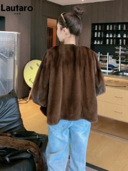 Lautaro Autumn Winter Brown Thick Warm Soft Faux Mink Fur Coat Women Lantern Sleeves Elegant Luxury Chic Fluffy Jacket 2026
